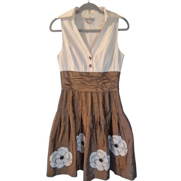 Kay Unger brown , champagne silk dress with floral button accent size 10 - Picture 10 of 10